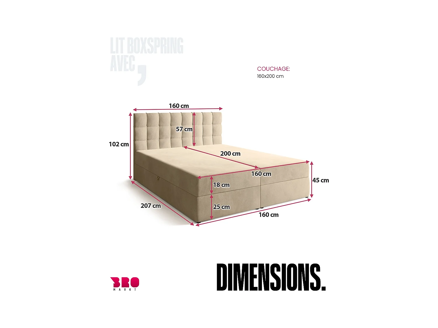 Lit boxspring avec rangement DETROIT - matelas - surmatelas - beige - 160x200 cm