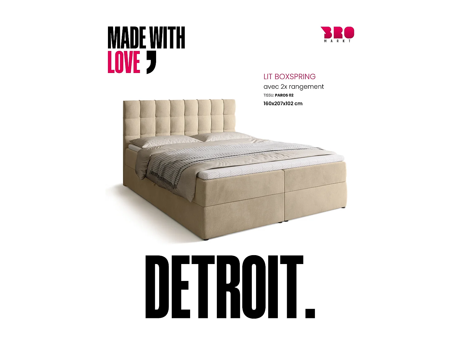 Lit boxspring avec rangement DETROIT - matelas - surmatelas - beige - 160x200 cm