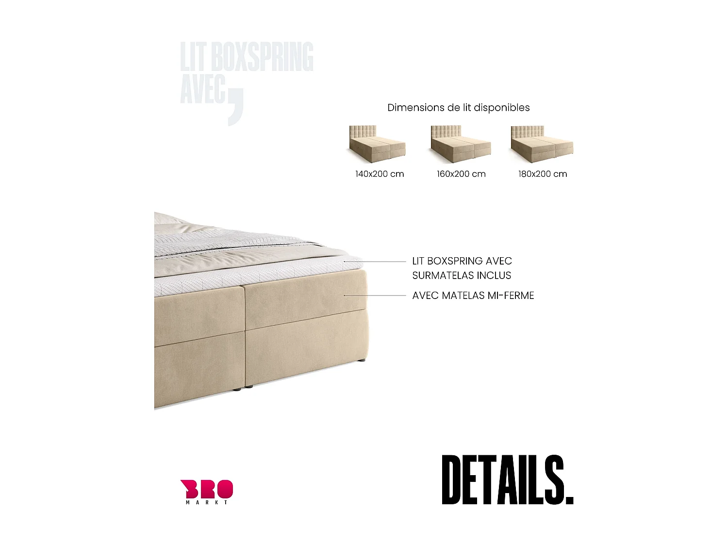 Lit boxspring avec rangement DETROIT - matelas - surmatelas - beige - 160x200 cm
