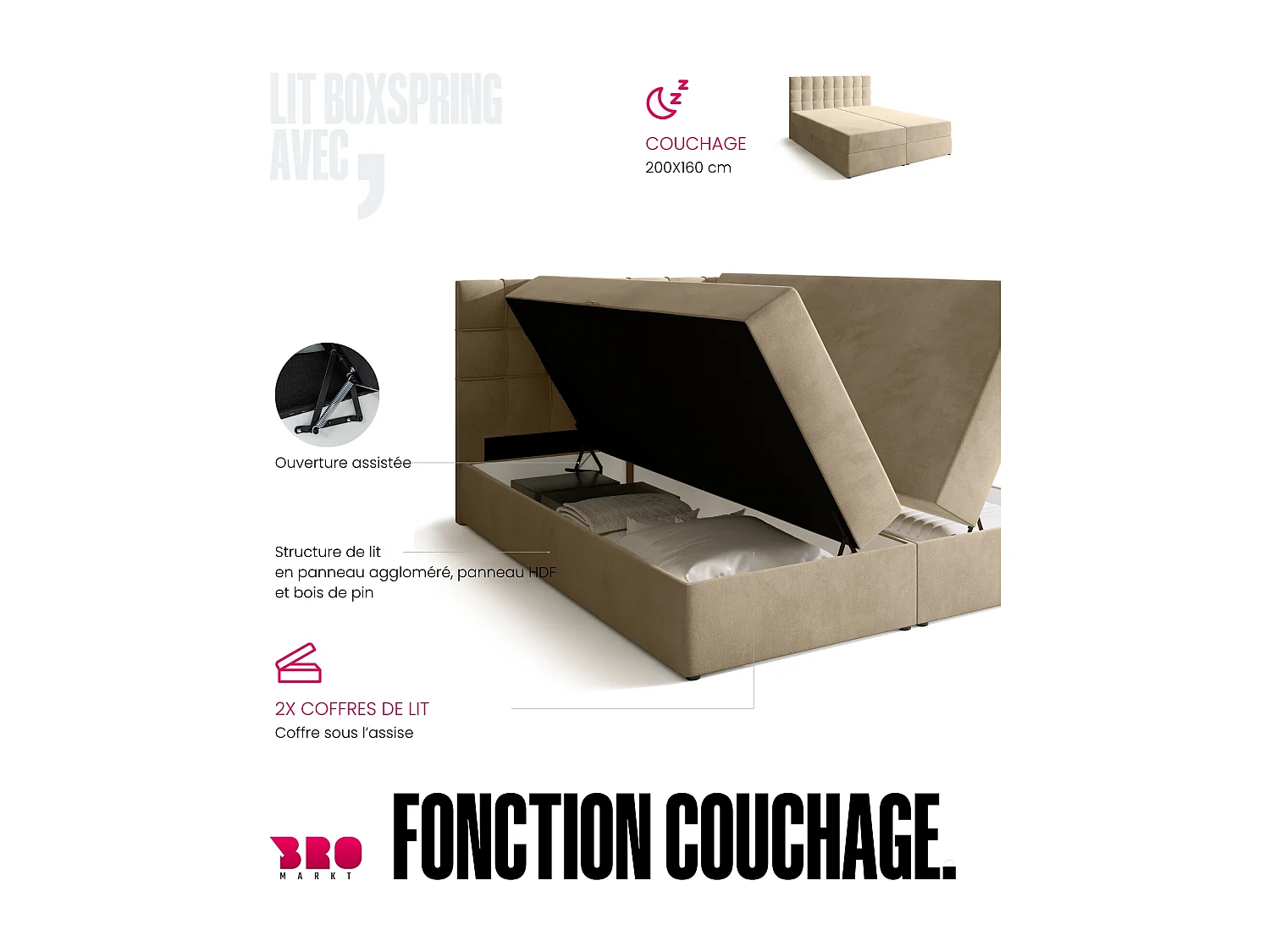 Lit boxspring avec rangement DETROIT - matelas - surmatelas - beige - 160x200 cm