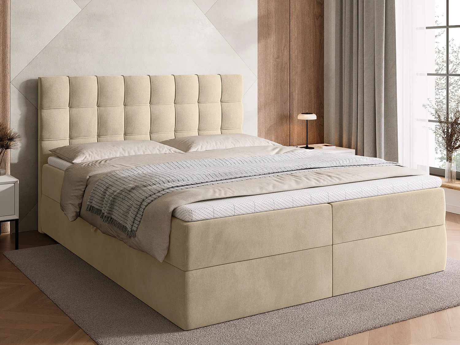 Lit boxspring avec rangement DETROIT - matelas - surmatelas - beige - 160x200 cm