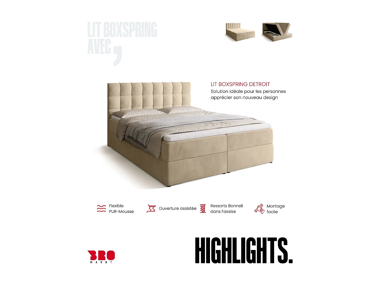 Lit boxspring avec rangement DETROIT - matelas - surmatelas - beige - 160x200 cm