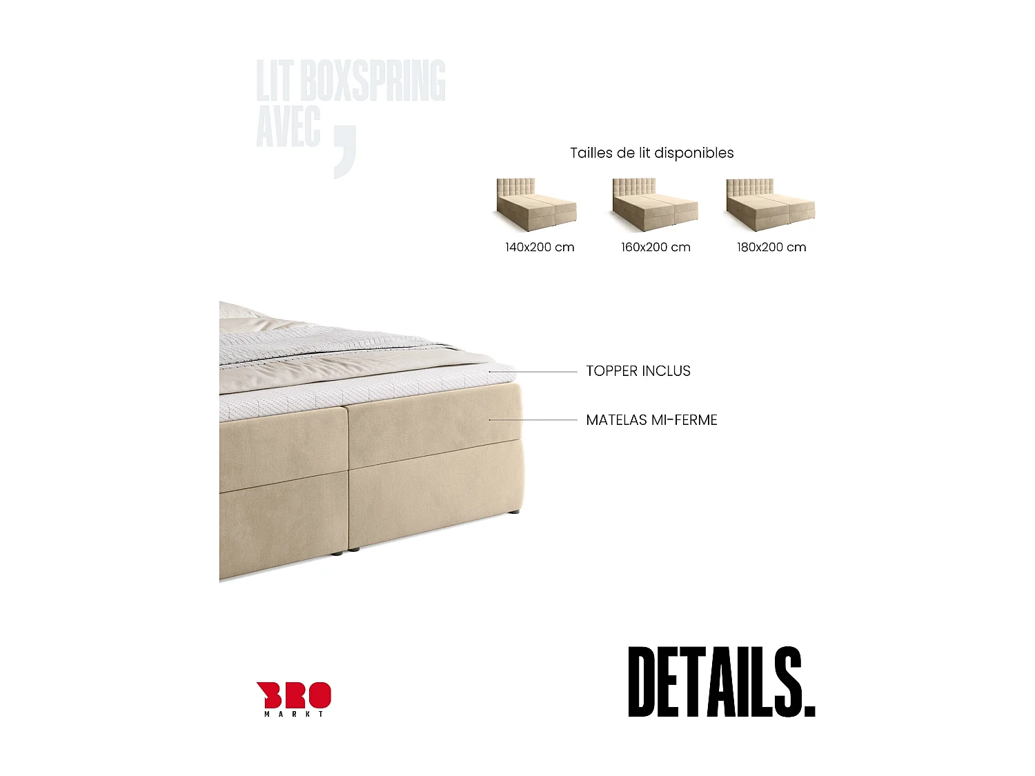 Lit boxspring avec rangement DETROIT - matelas - surmatelas - beige - 160x200 cm