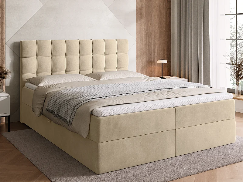 Lit boxspring avec rangement DETROIT - matelas - surmatelas - beige - 160x200 cm