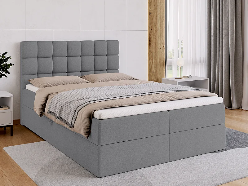 Lit boxspring avec rangement DAKOTA - matelas - surmatelas - gris - 140x200 cm