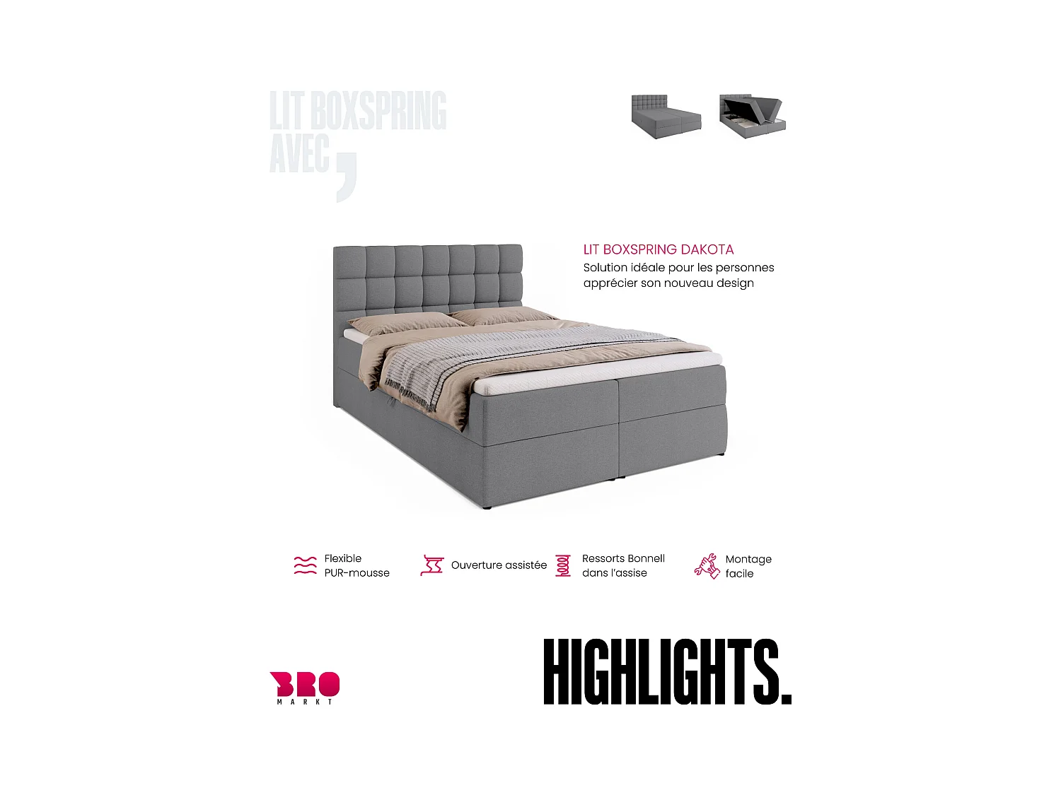 Boxspringbed met hoofdeinde, matras en dekmatras - DAKOTA - 140x200 - grijs