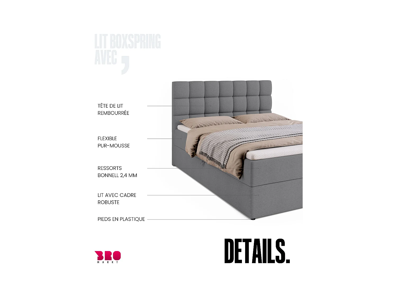 Boxspringbed met hoofdeinde, matras en dekmatras - DAKOTA - 140x200 - grijs