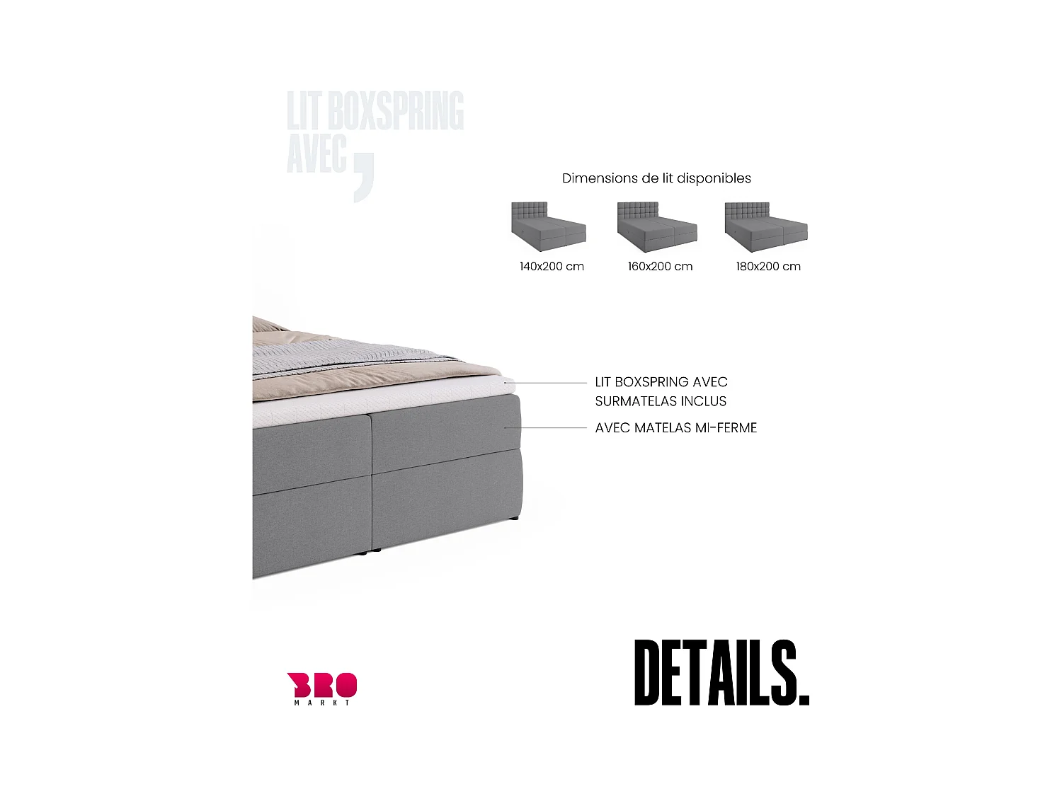 Boxspringbed met hoofdeinde, matras en dekmatras - DAKOTA - 140x200 - grijs