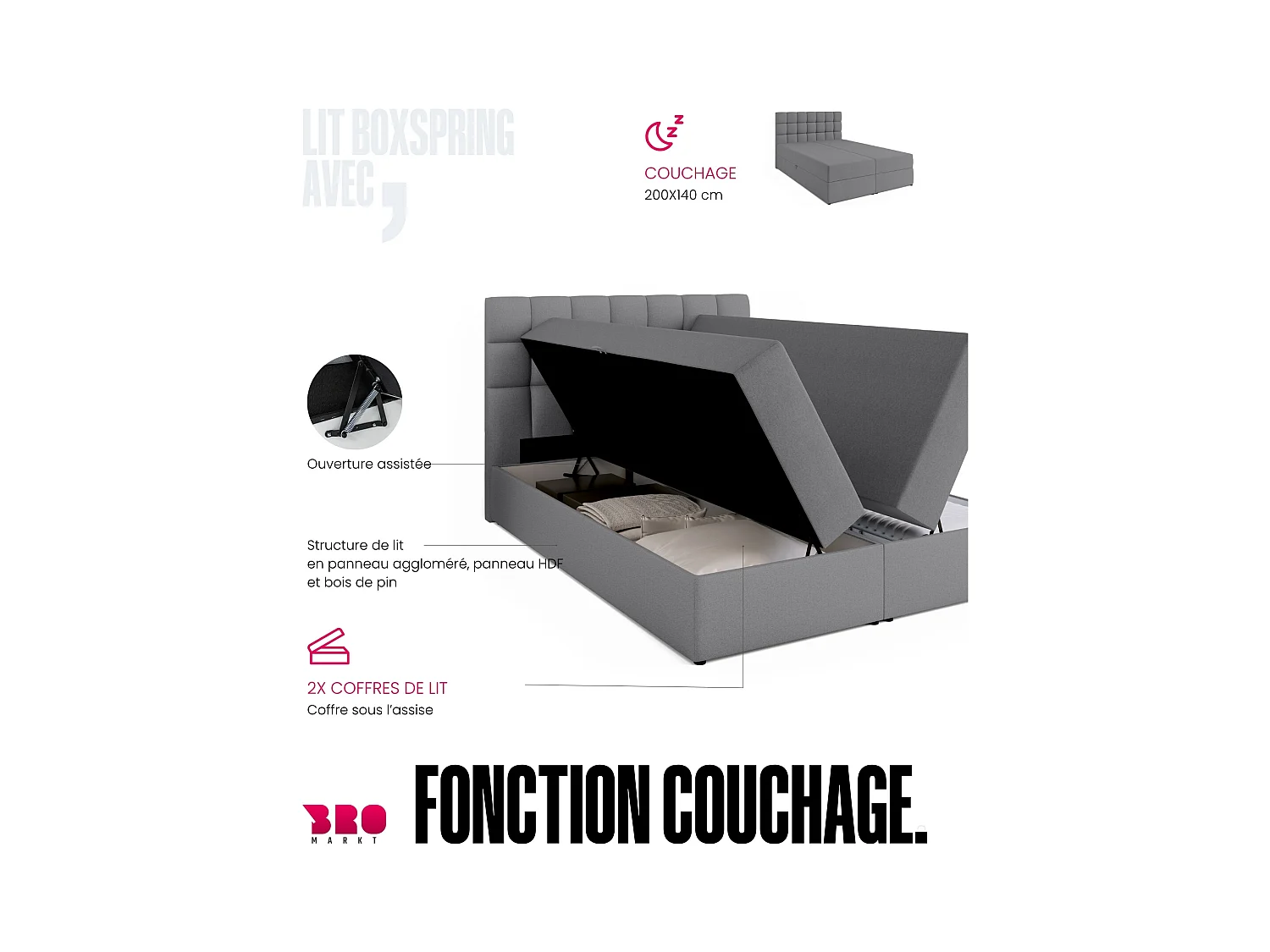 Boxspringbed met hoofdeinde, matras en dekmatras - DAKOTA - 140x200 - grijs