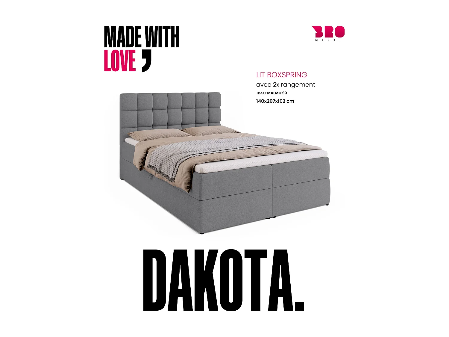 Lit boxspring avec rangement DAKOTA - matelas - surmatelas - gris - 140x200 cm