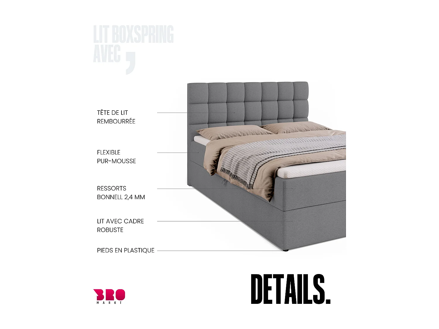 Lit boxspring avec rangement DAKOTA - matelas - surmatelas - gris - 140x200 cm