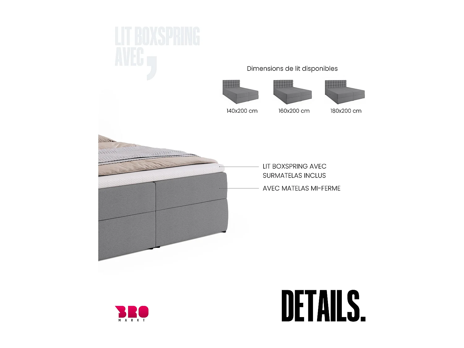 Lit boxspring avec rangement DAKOTA - matelas - surmatelas - gris - 140x200 cm