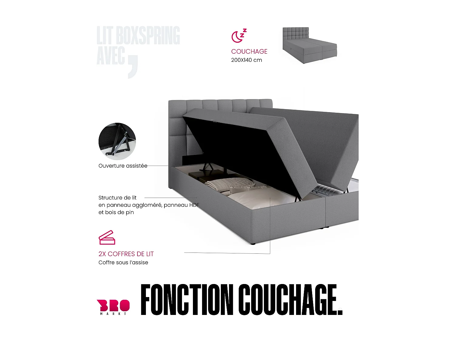 Lit boxspring avec rangement DAKOTA - matelas - surmatelas - gris - 140x200 cm