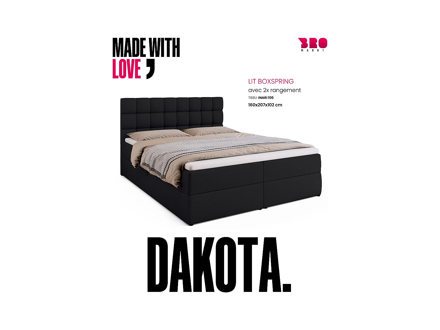 Boxspringbed met hoofdeinde, matras en dekmatras - DAKOTA - 160x200 - zwart