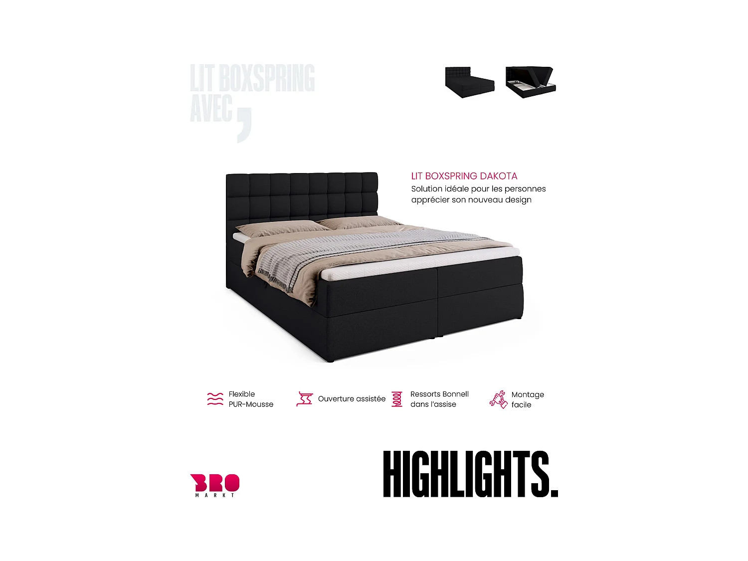 Boxspringbed met hoofdeinde, matras en dekmatras - DAKOTA - 160x200 - zwart