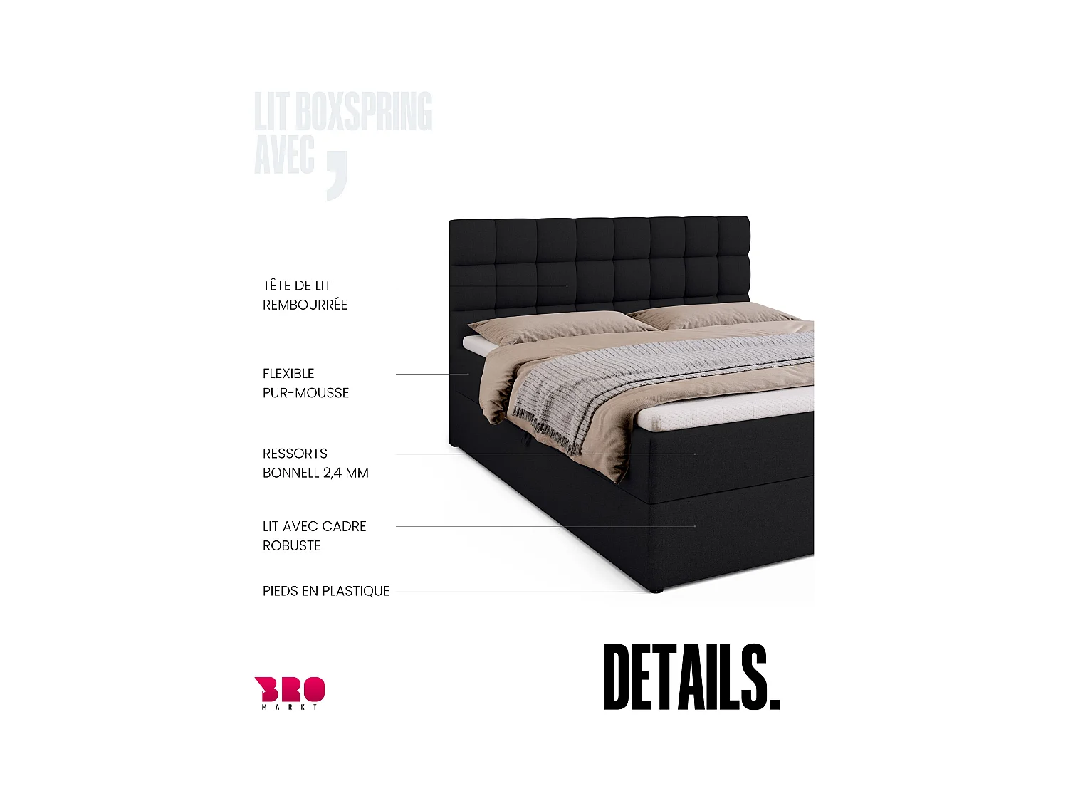 Boxspringbed met hoofdeinde, matras en dekmatras - DAKOTA - 160x200 - zwart