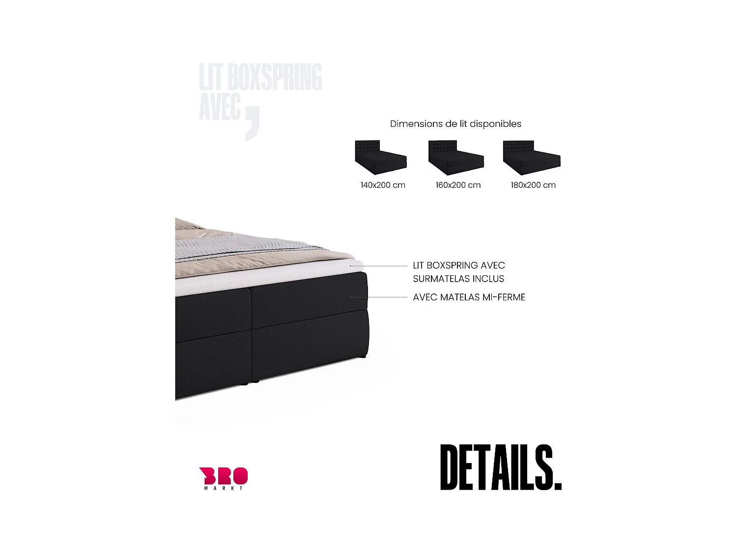 Boxspringbed met hoofdeinde, matras en dekmatras - DAKOTA - 160x200 - zwart