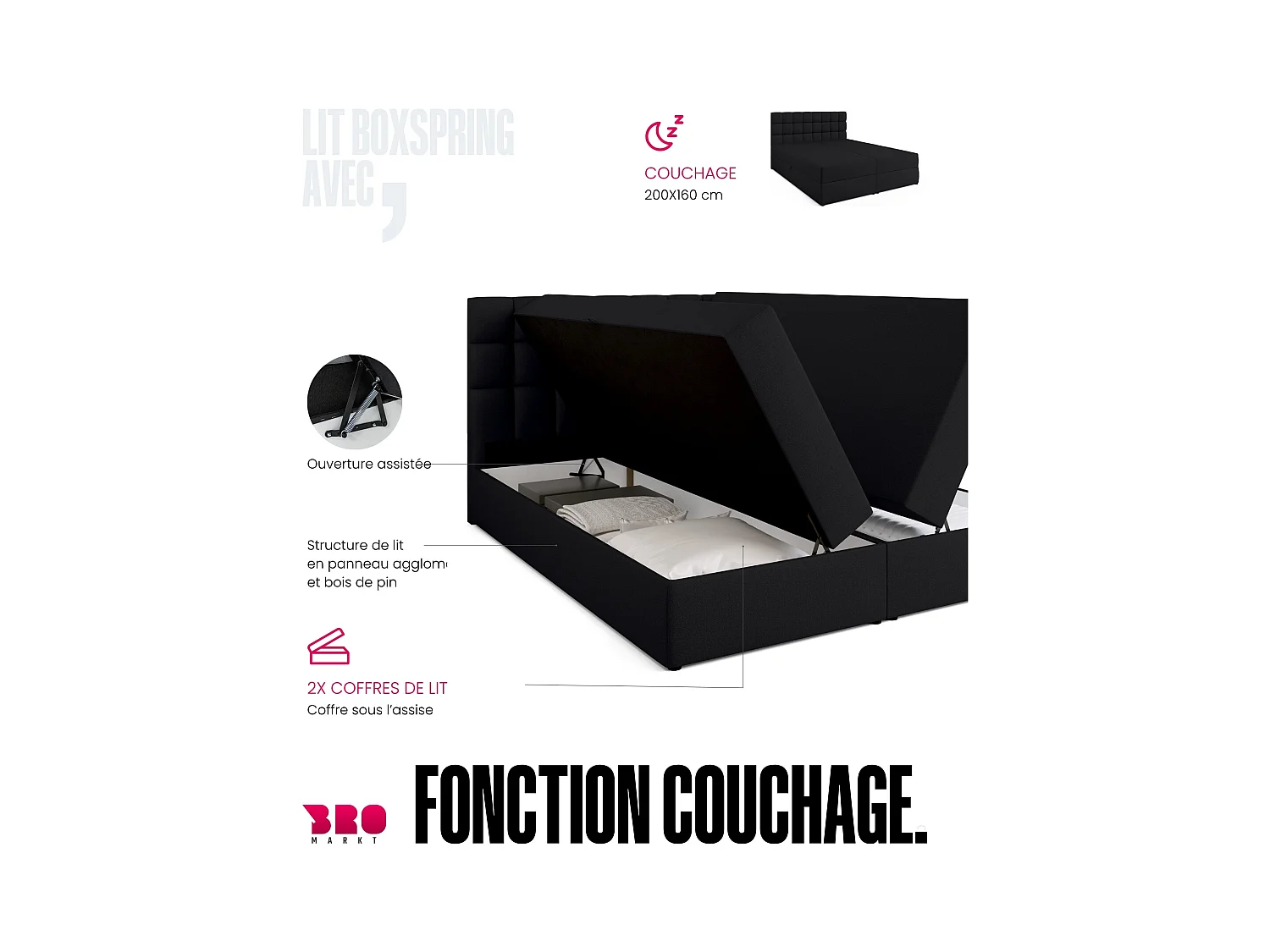 Boxspringbed met hoofdeinde, matras en dekmatras - DAKOTA - 160x200 - zwart