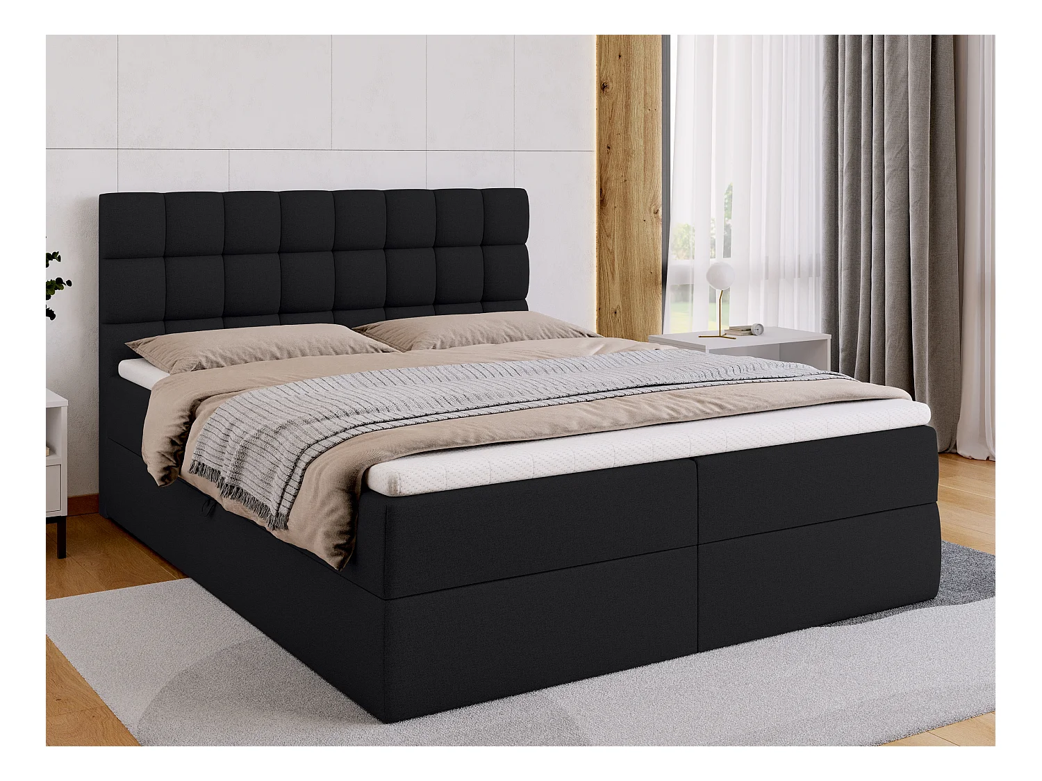 Lit boxspring avec rangement DAKOTA - matelas - surmatelas - noir - 160x200 cm