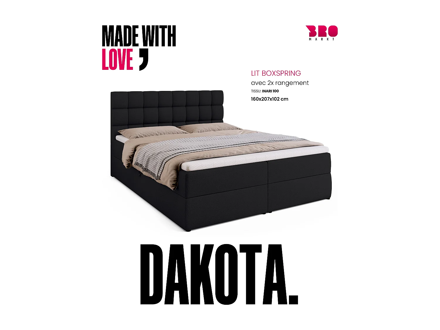 Lit boxspring avec rangement DAKOTA - matelas - surmatelas - noir - 160x200 cm