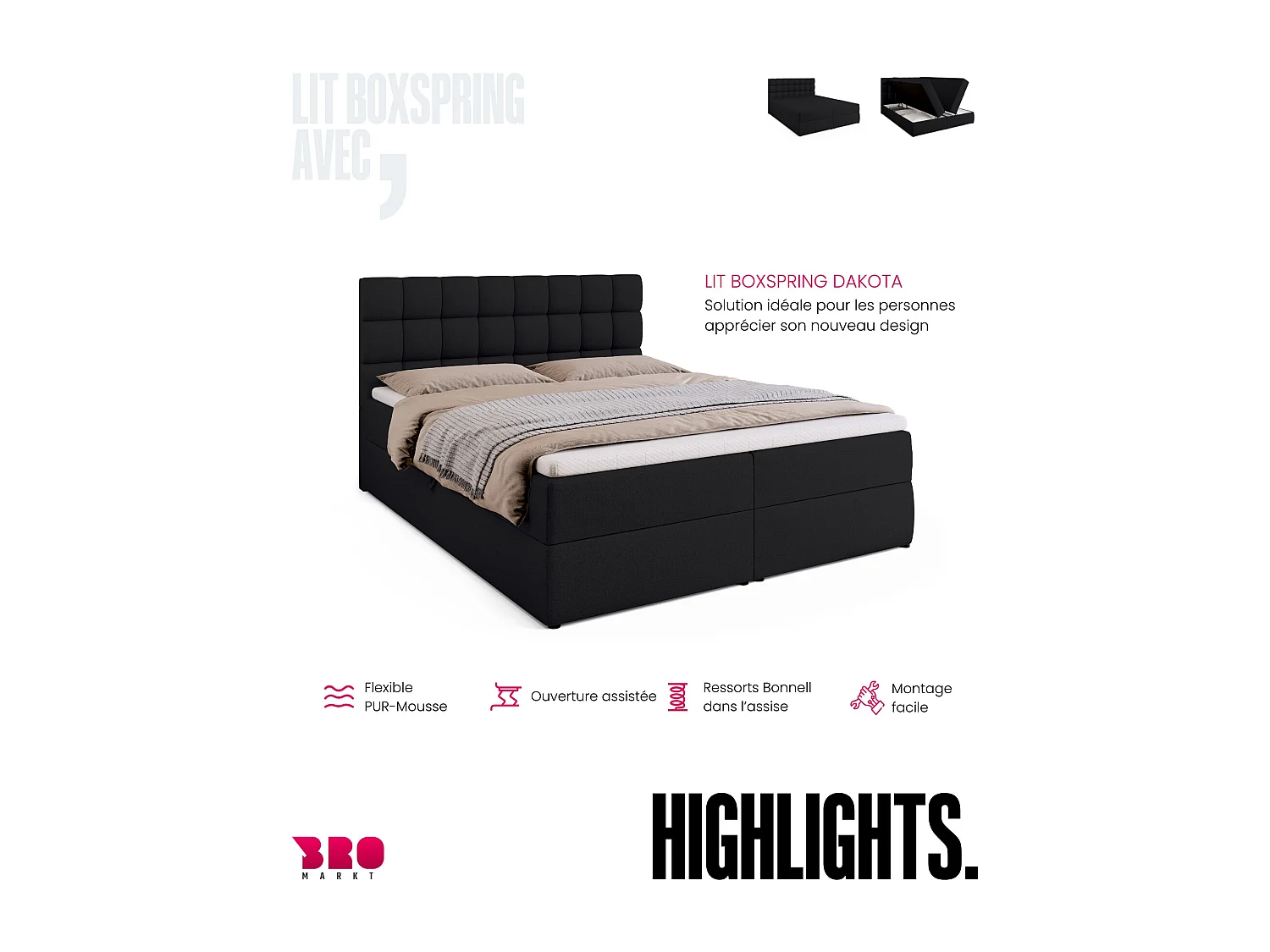 Lit boxspring avec rangement DAKOTA - matelas - surmatelas - noir - 160x200 cm