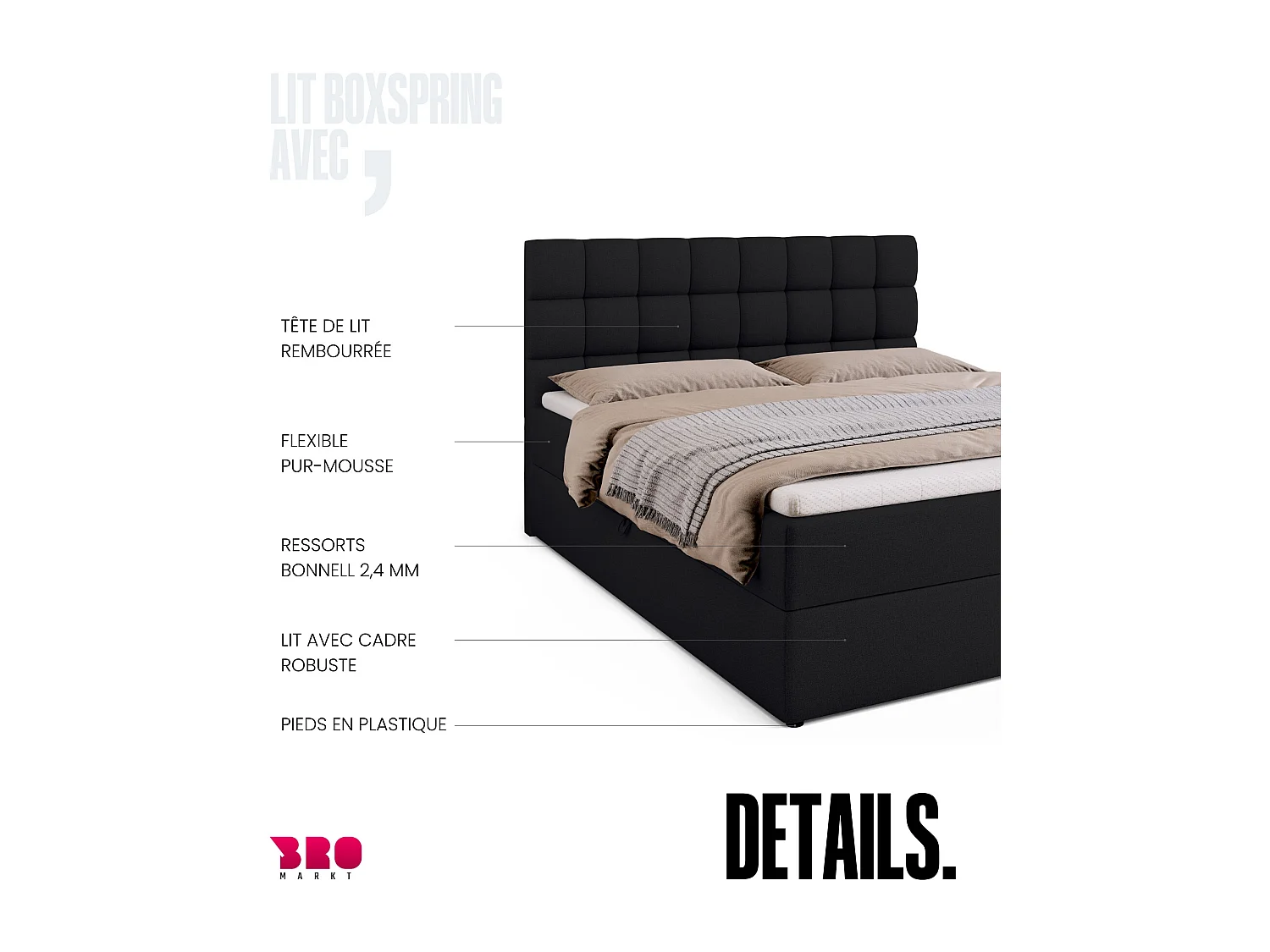 Lit boxspring avec rangement DAKOTA - matelas - surmatelas - noir - 160x200 cm