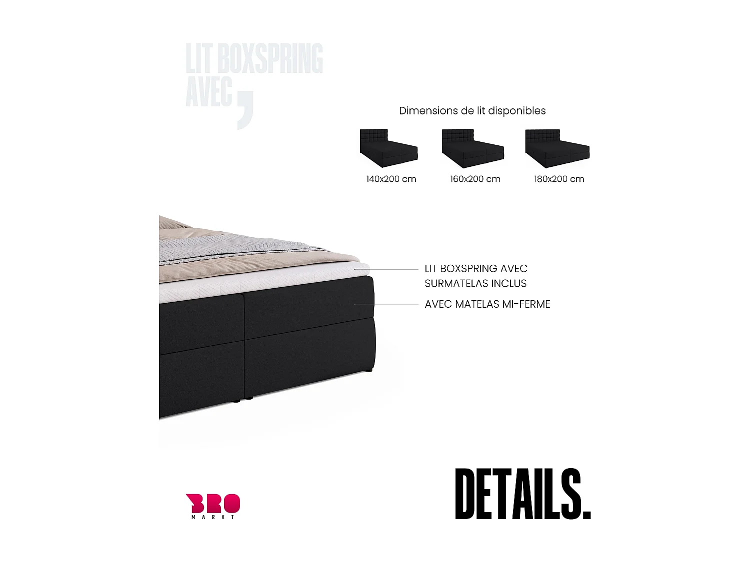 Lit boxspring avec rangement DAKOTA - matelas - surmatelas - noir - 160x200 cm