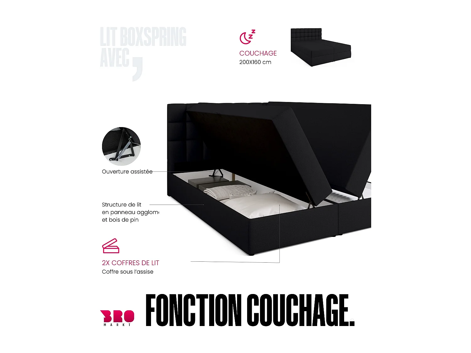 Lit boxspring avec rangement DAKOTA - matelas - surmatelas - noir - 160x200 cm