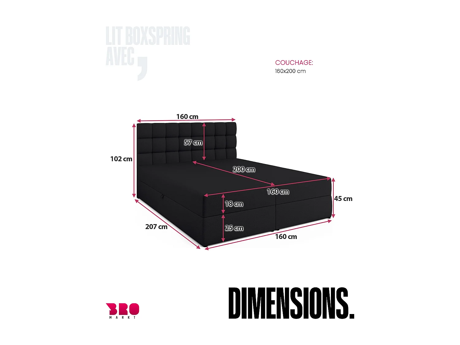 Lit boxspring avec rangement DAKOTA - matelas - surmatelas - noir - 160x200 cm