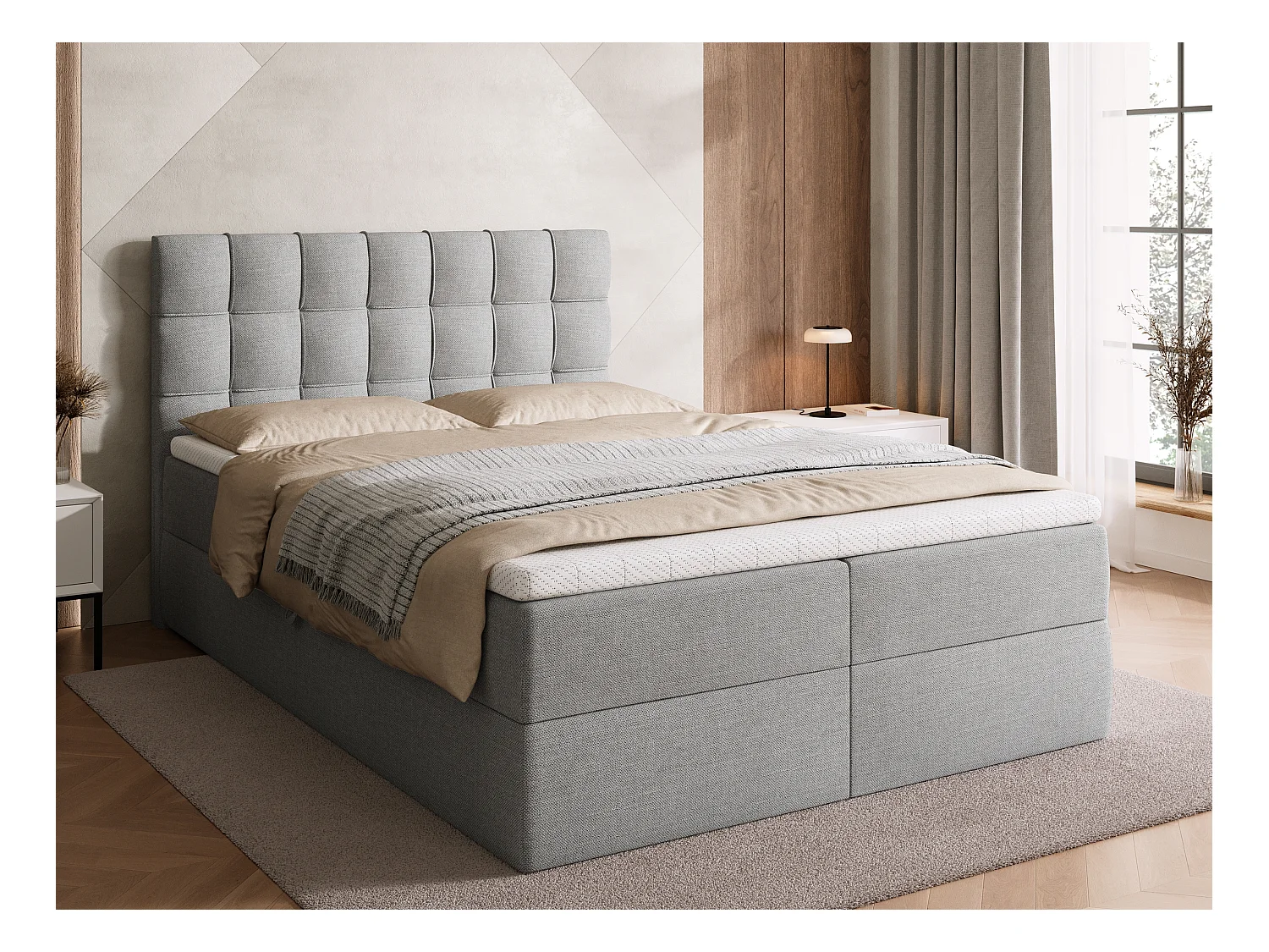 Lit boxspring avec rangement DETROIT - matelas - surmatelas - gris clair - 140x200 cm