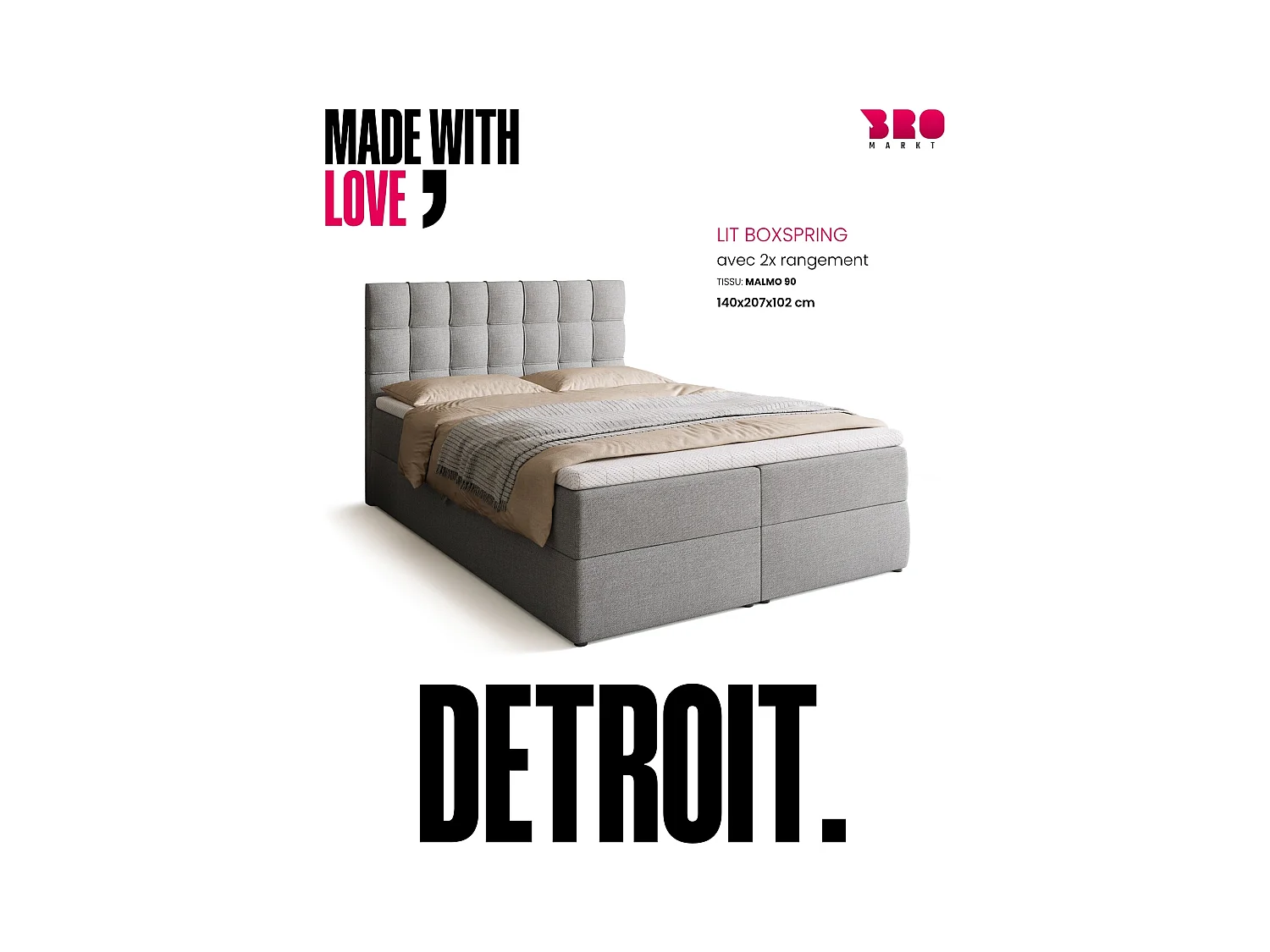 Lit boxspring avec rangement DETROIT - matelas - surmatelas - gris clair - 140x200 cm