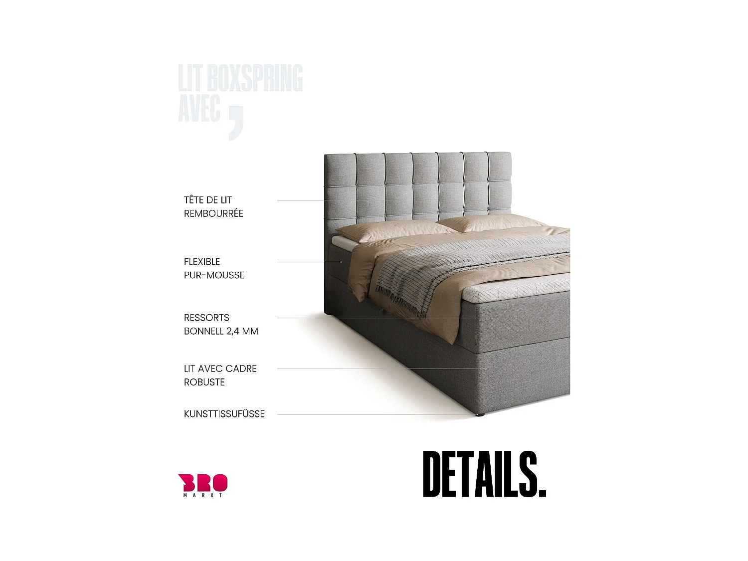 Lit boxspring avec rangement DETROIT - matelas - surmatelas - gris clair - 140x200 cm