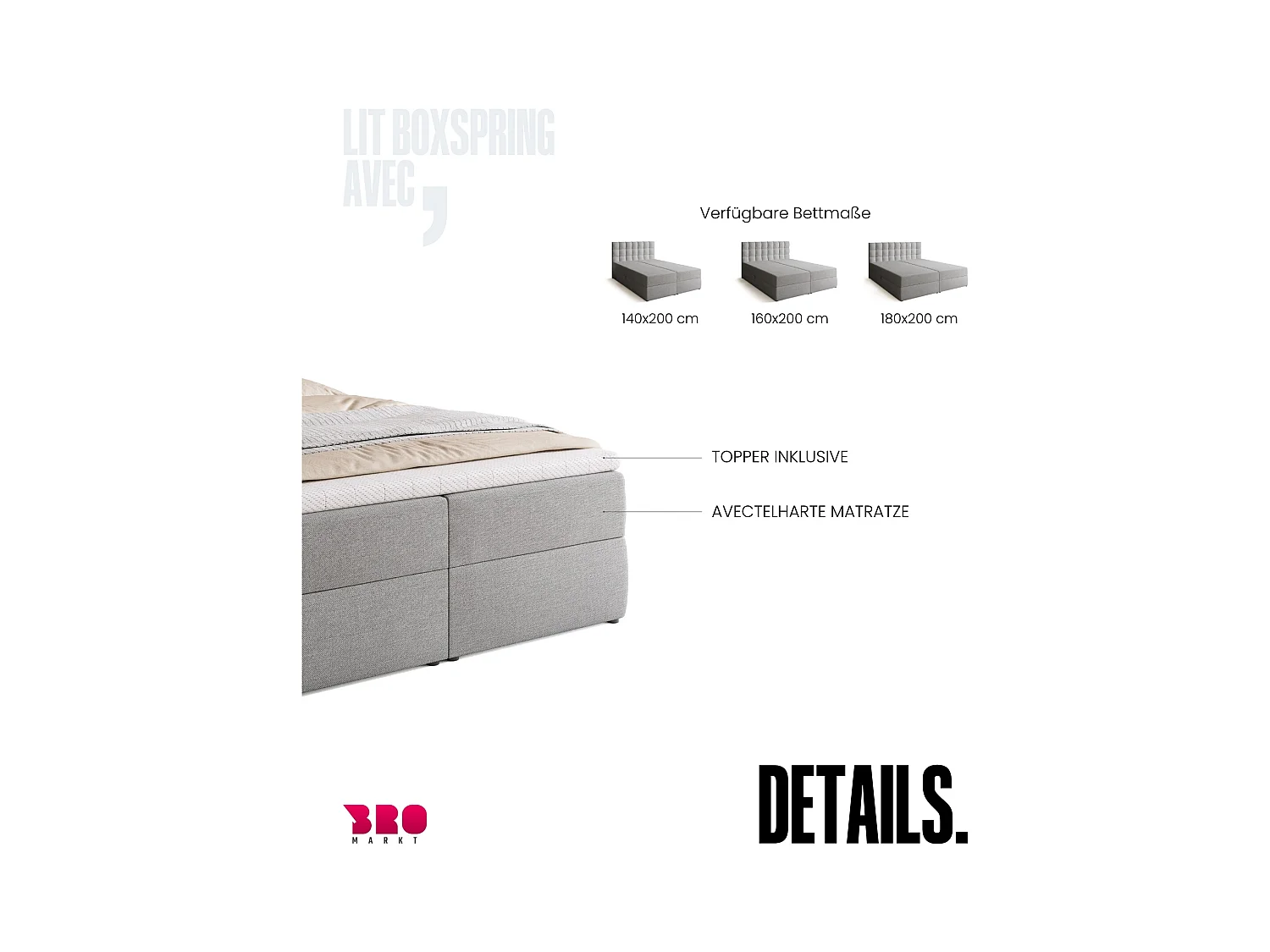 Lit boxspring avec rangement DETROIT - matelas - surmatelas - gris clair - 140x200 cm
