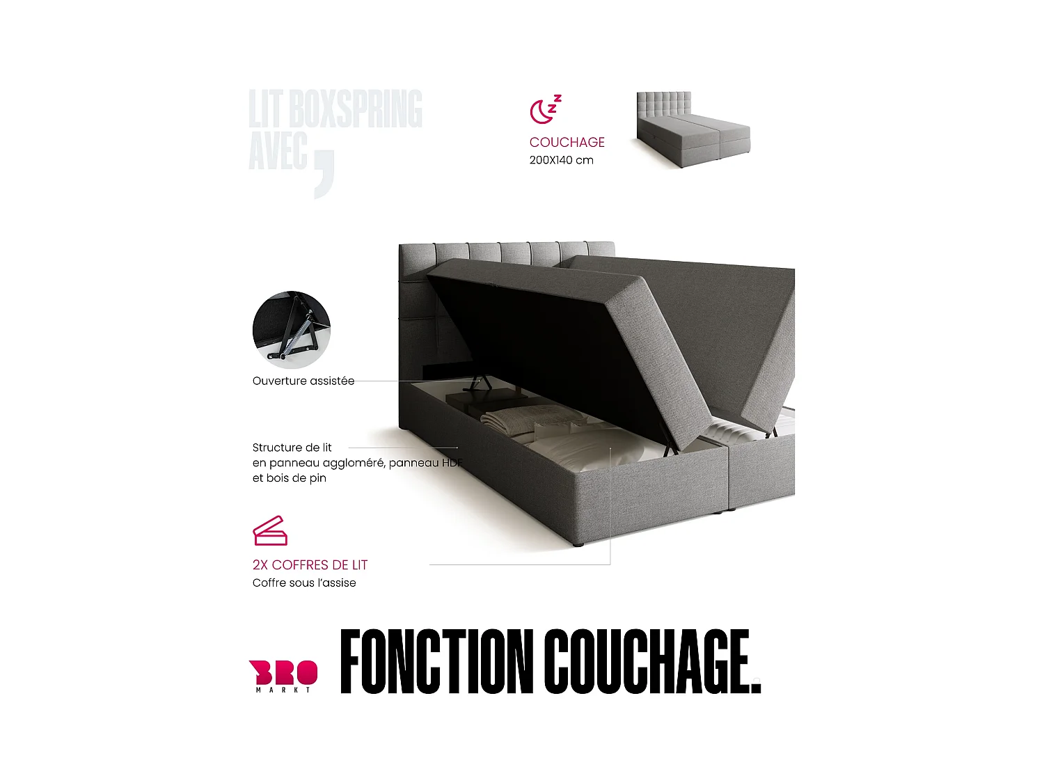 Lit boxspring avec rangement DETROIT - matelas - surmatelas - gris clair - 140x200 cm