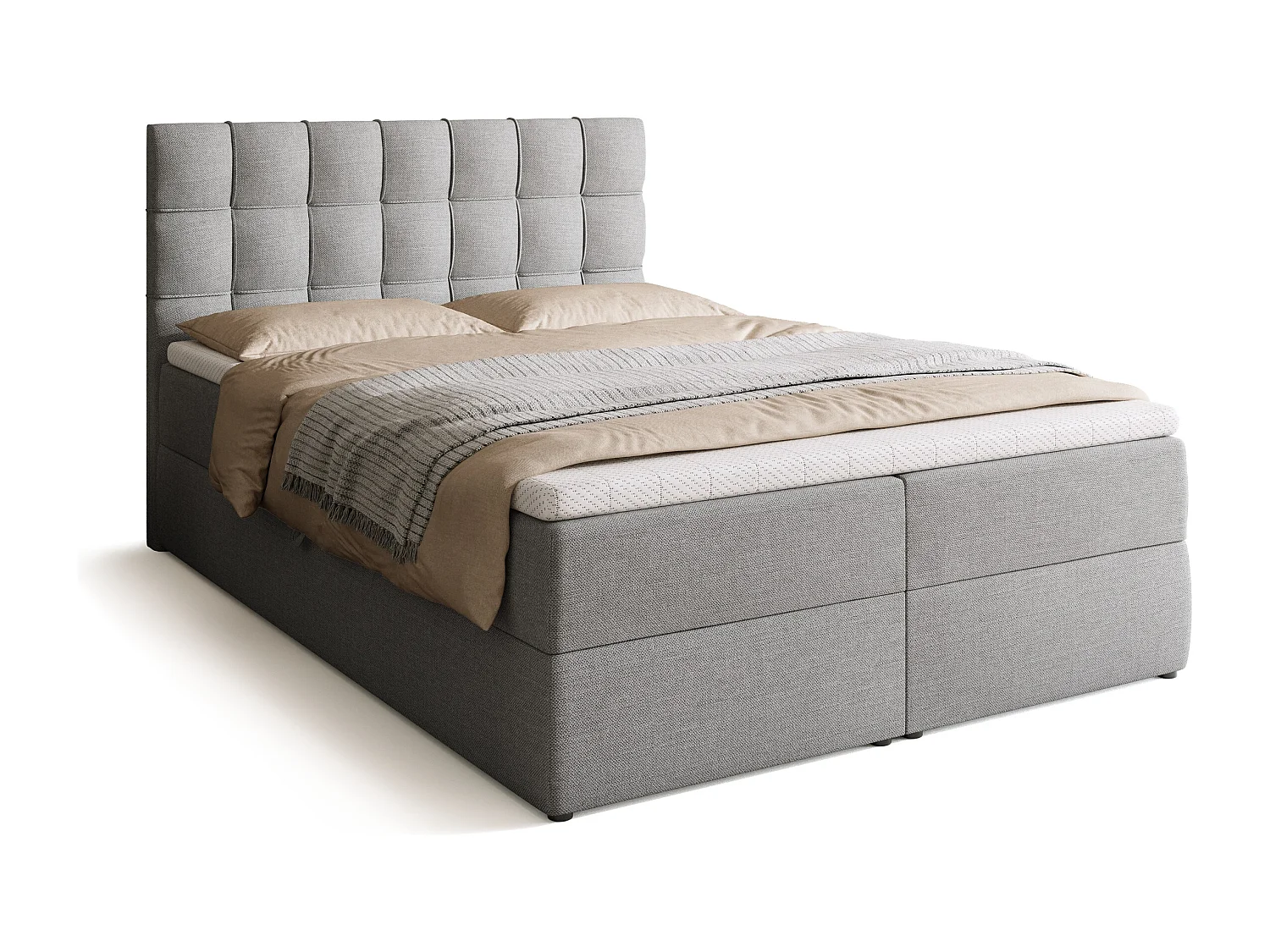 Lit boxspring avec rangement DETROIT - matelas - surmatelas - gris clair - 140x200 cm
