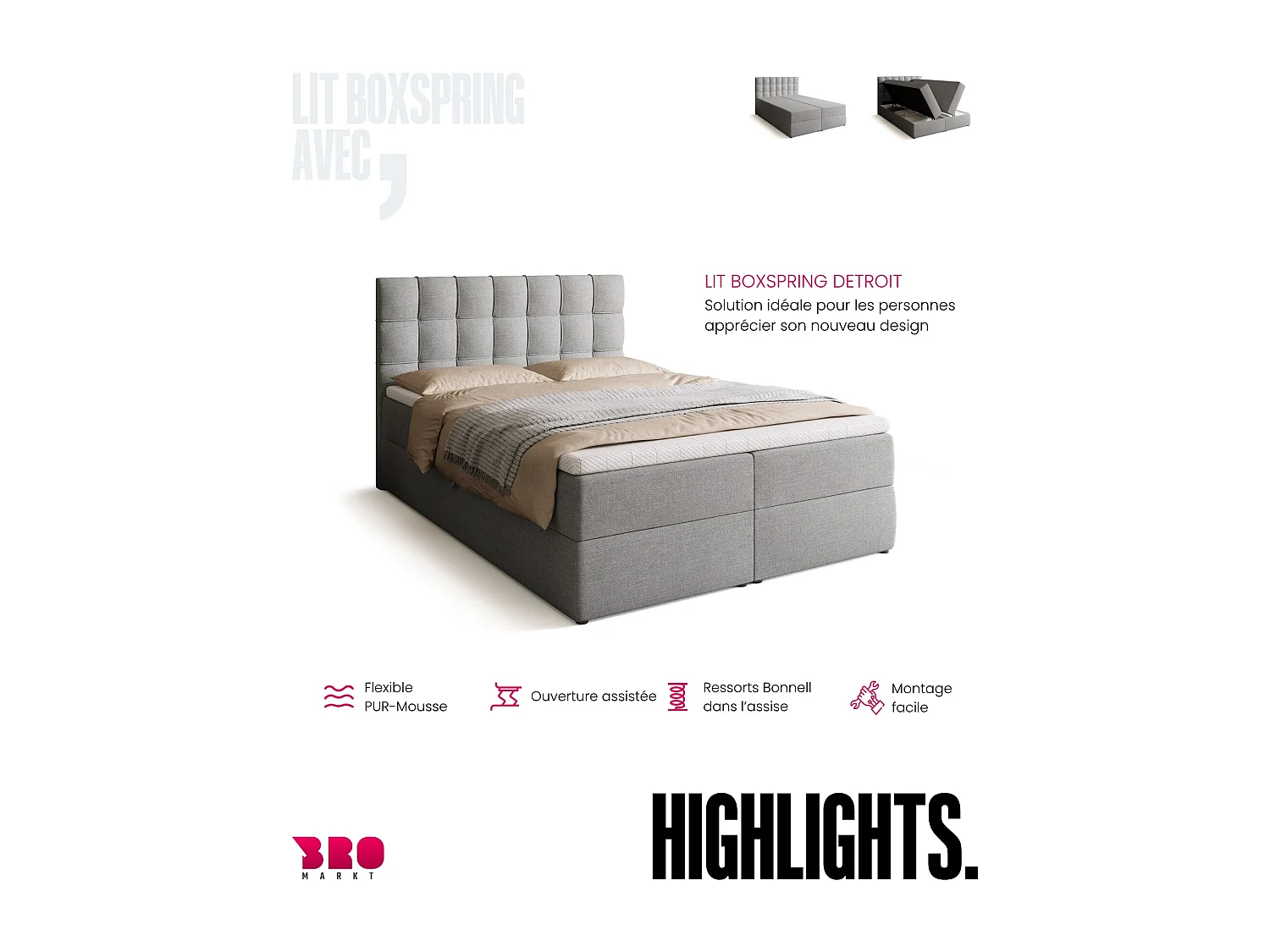 Lit boxspring avec rangement DETROIT - matelas - surmatelas - gris clair - 140x200 cm