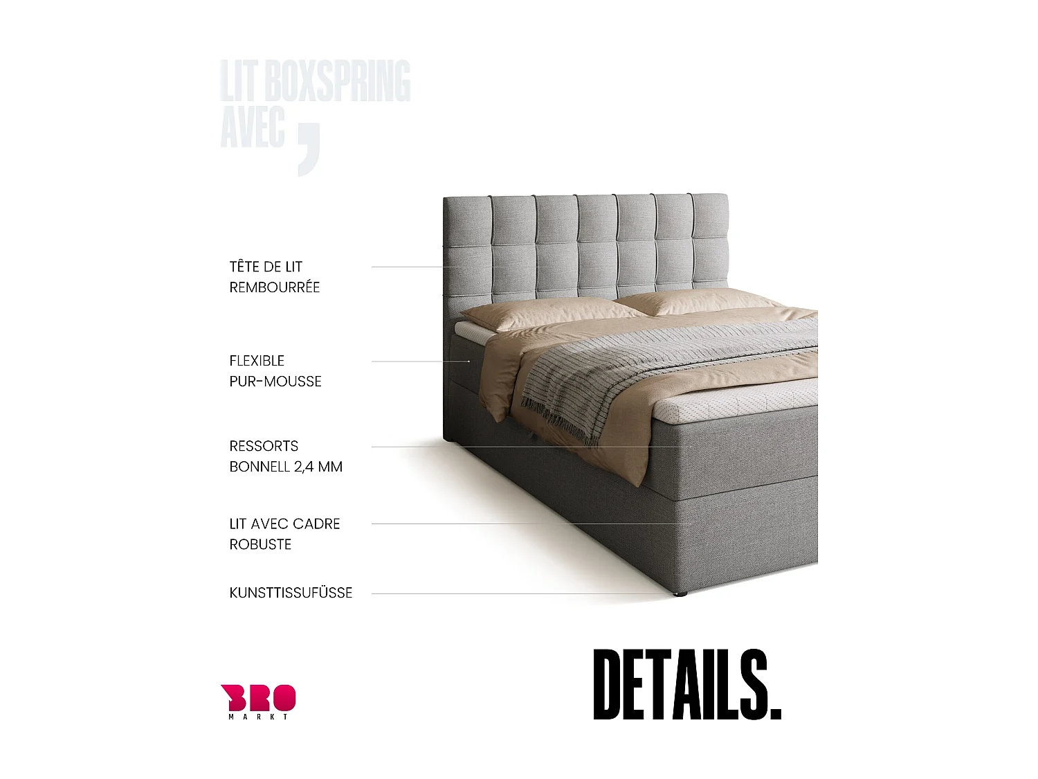 Lit boxspring avec rangement DETROIT - matelas - surmatelas - gris clair - 140x200 cm