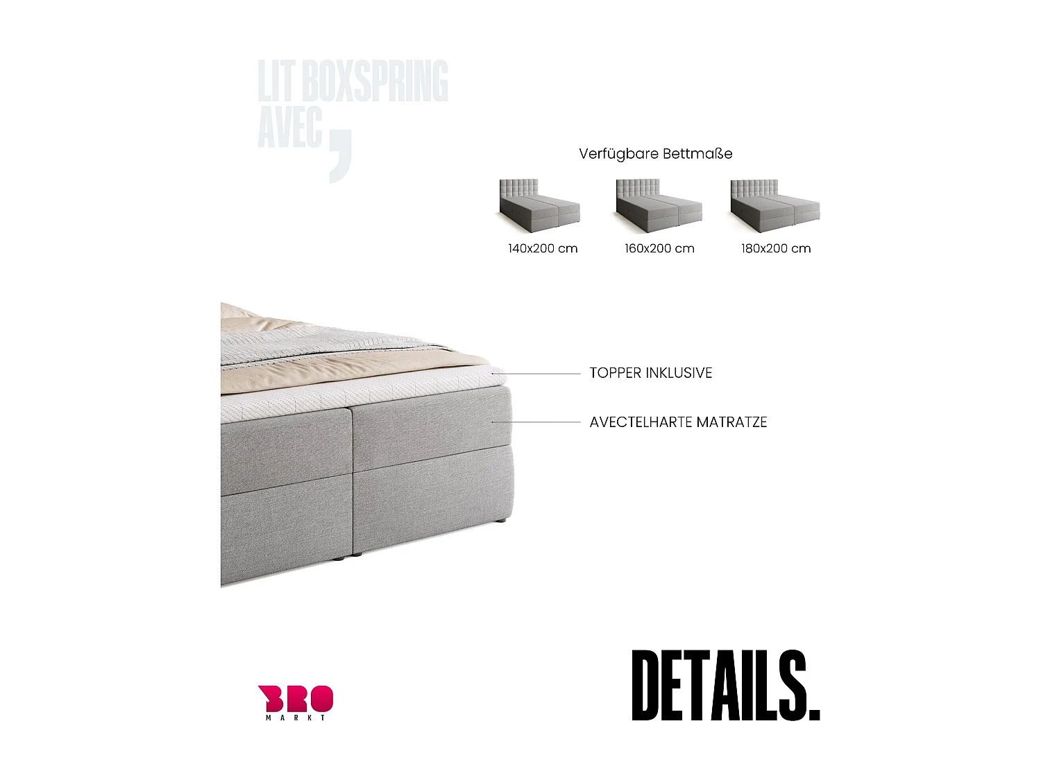 Lit boxspring avec rangement DETROIT - matelas - surmatelas - gris clair - 140x200 cm
