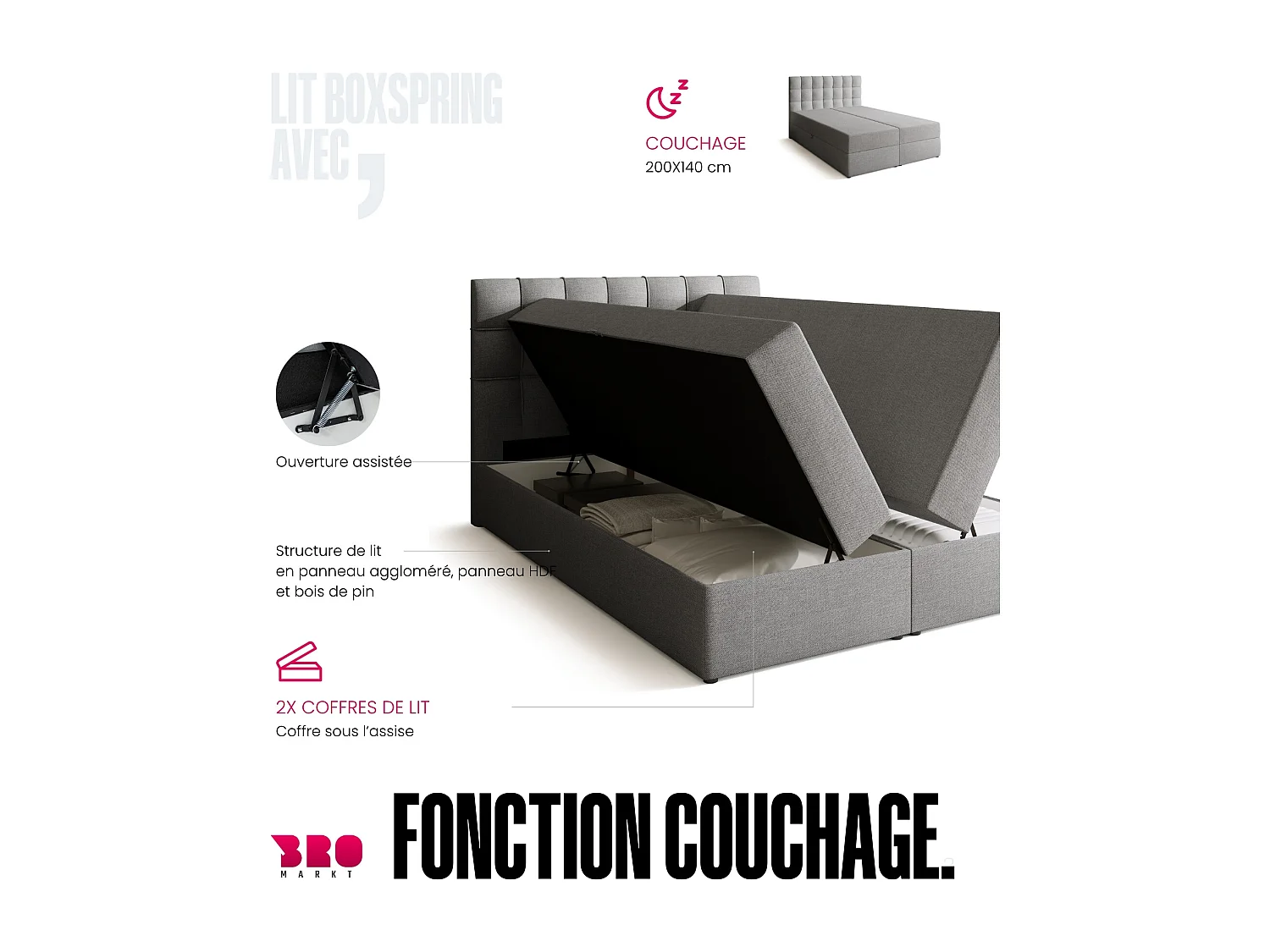 Lit boxspring avec rangement DETROIT - matelas - surmatelas - gris clair - 140x200 cm