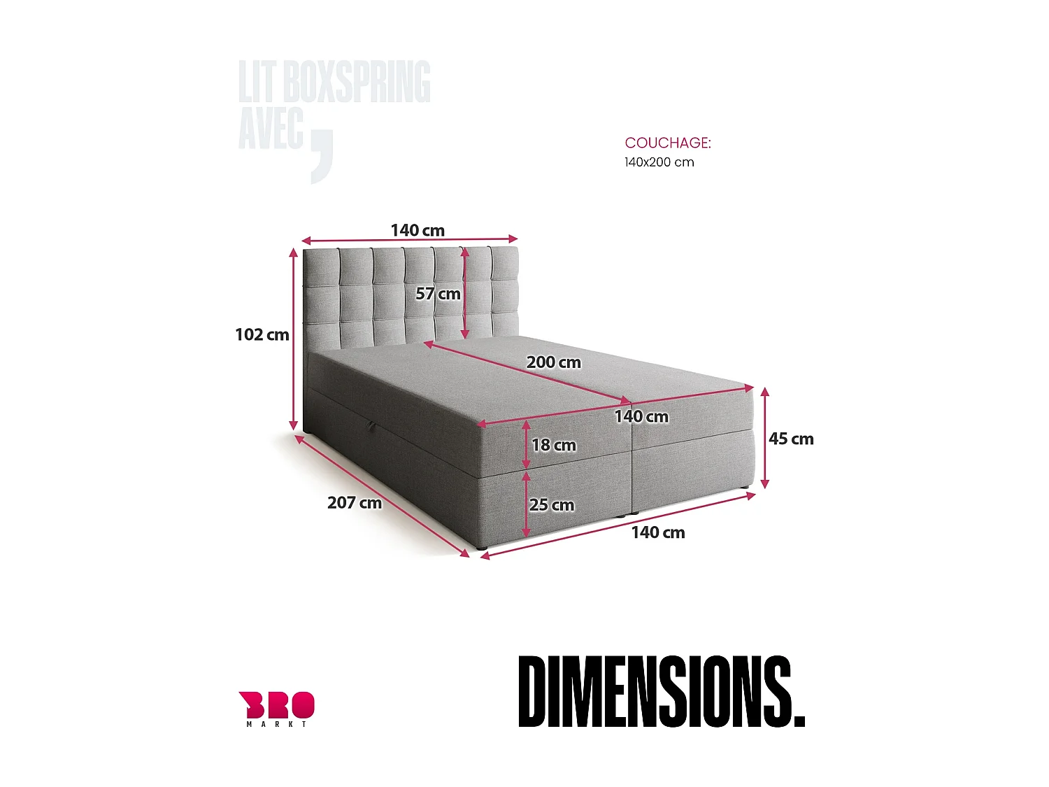 Lit boxspring avec rangement DETROIT - matelas - surmatelas - gris clair - 140x200 cm