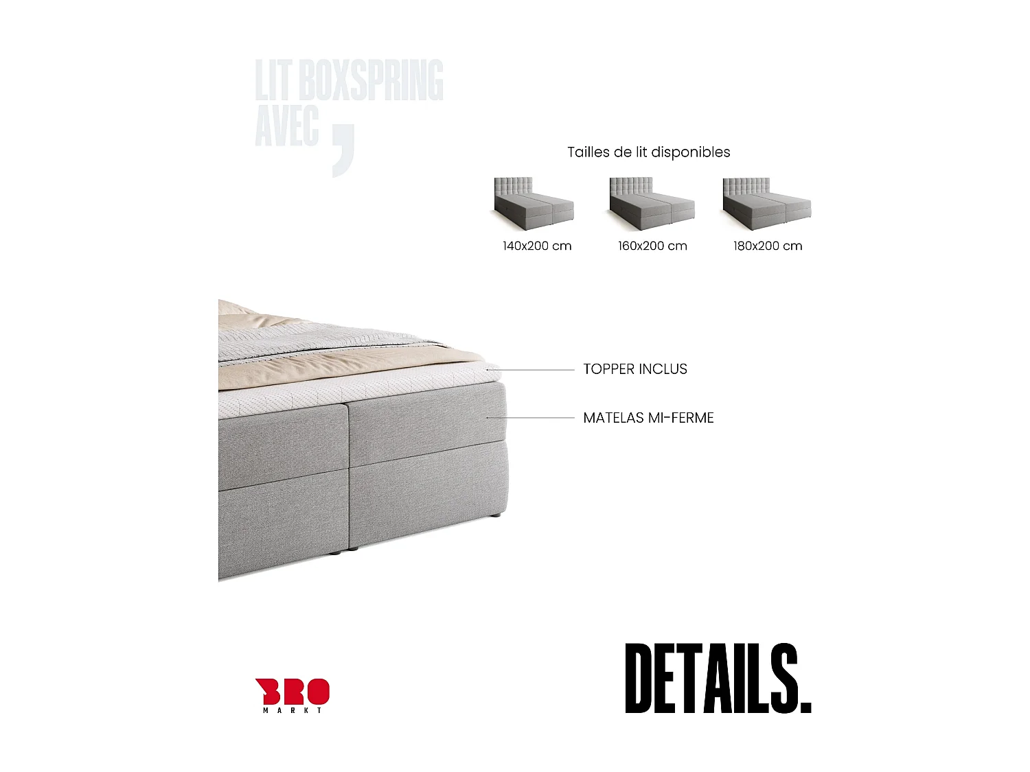 Lit boxspring avec rangement DETROIT - matelas - surmatelas - gris clair - 140x200 cm