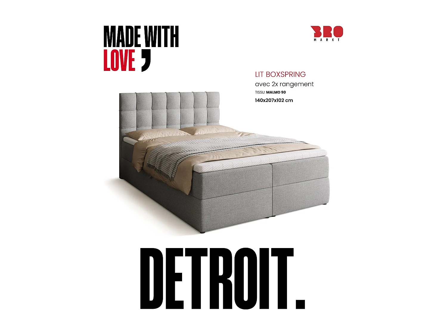 Lit boxspring avec rangement DETROIT - matelas - surmatelas - gris clair - 140x200 cm