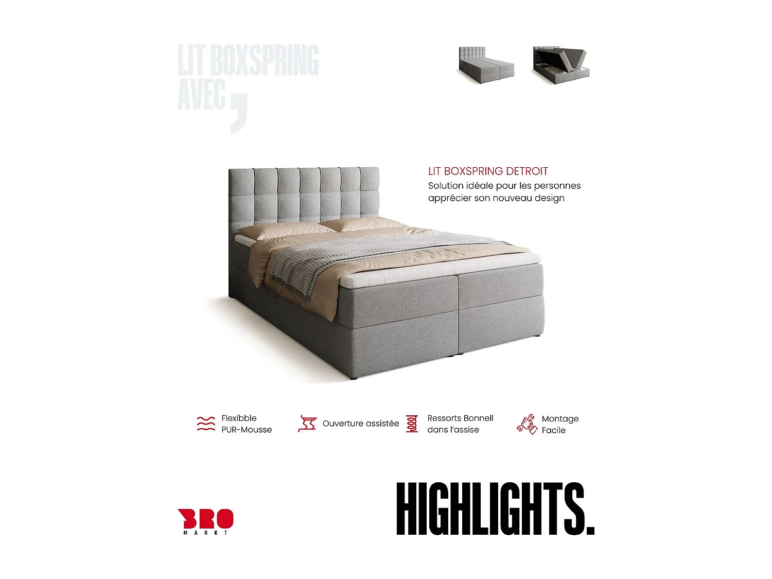 Lit boxspring avec rangement DETROIT - matelas - surmatelas - gris clair - 140x200 cm