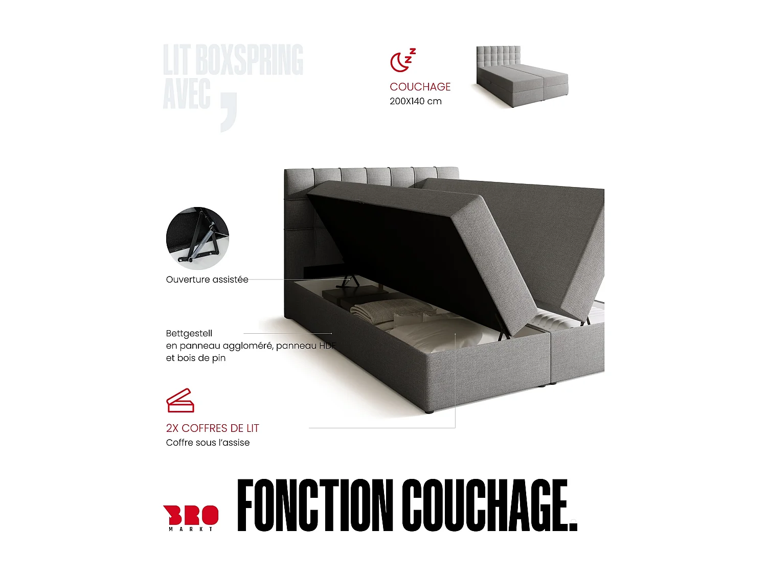 Lit boxspring avec rangement DETROIT - matelas - surmatelas - gris clair - 140x200 cm