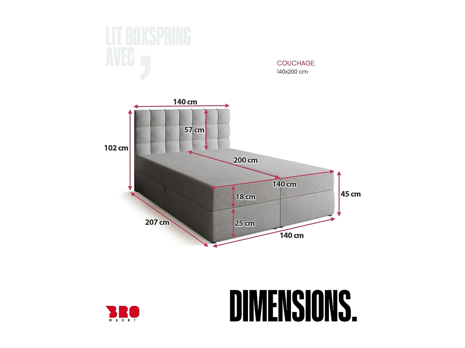 Lit boxspring avec rangement DETROIT - matelas - surmatelas - gris clair - 140x200 cm