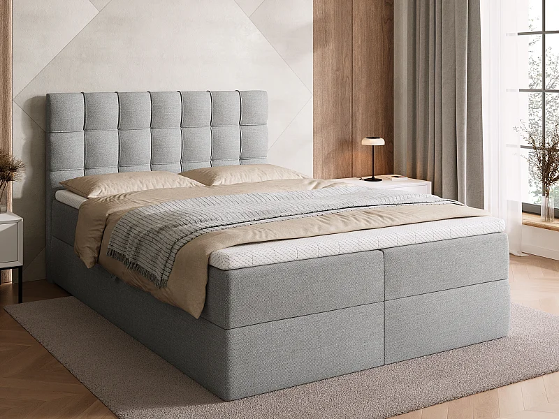 Lit boxspring avec rangement DETROIT - matelas - surmatelas - gris clair - 140x200 cm