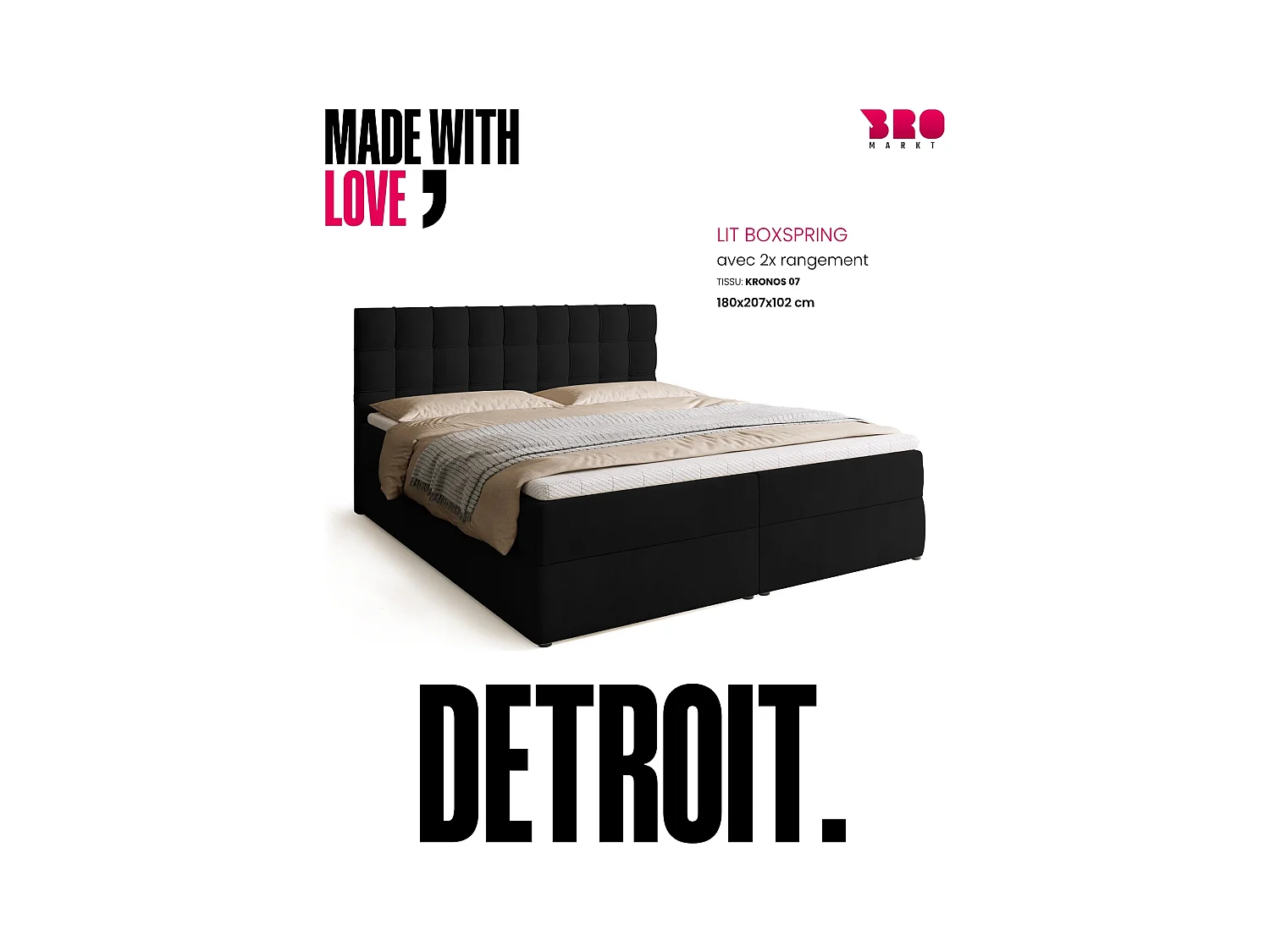 Boxspringbed met hoofdeinde, matras en dekmatras - DETROIT - 180x200 - zwart