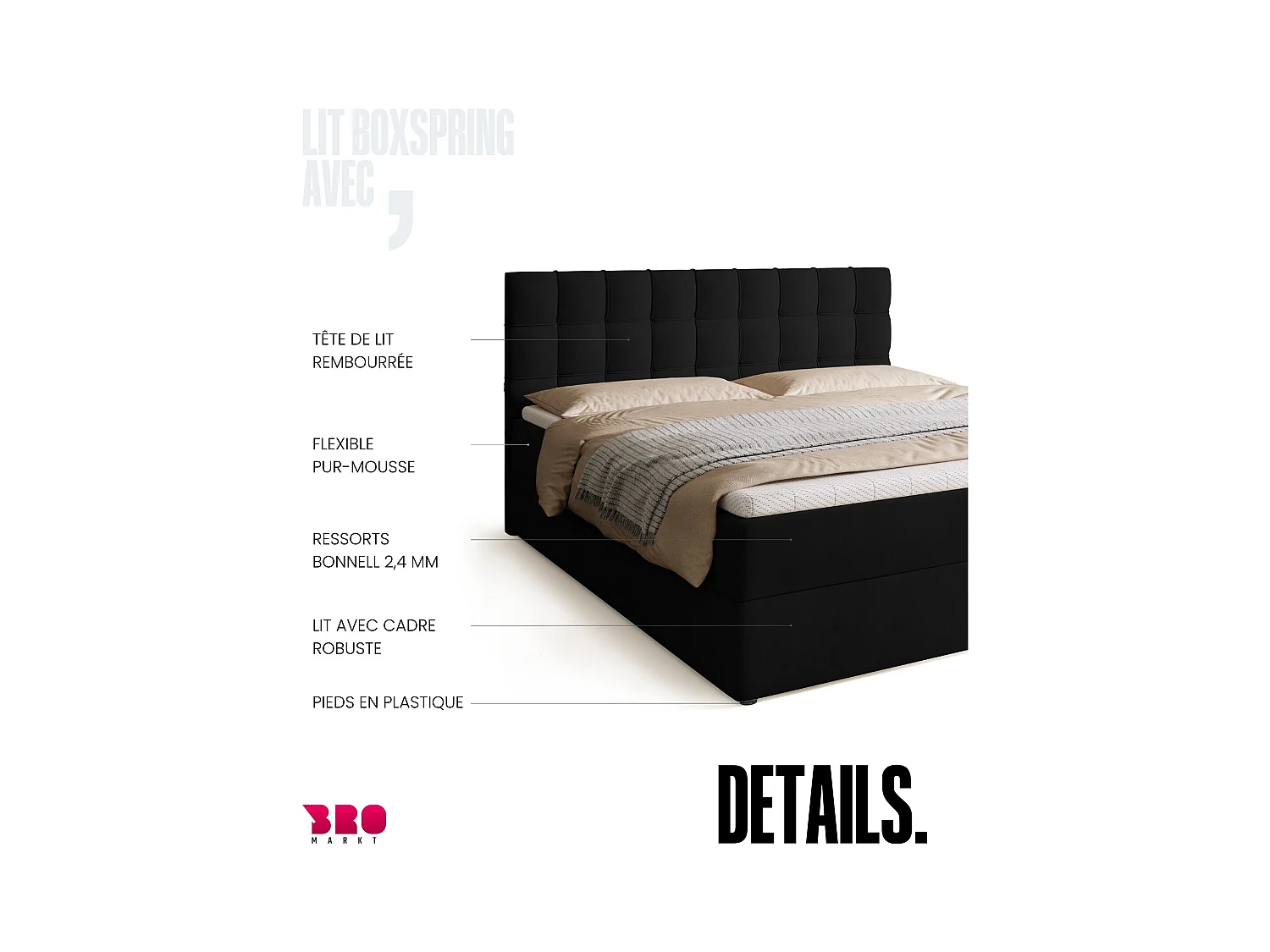 Boxspringbed met hoofdeinde, matras en dekmatras - DETROIT - 180x200 - zwart