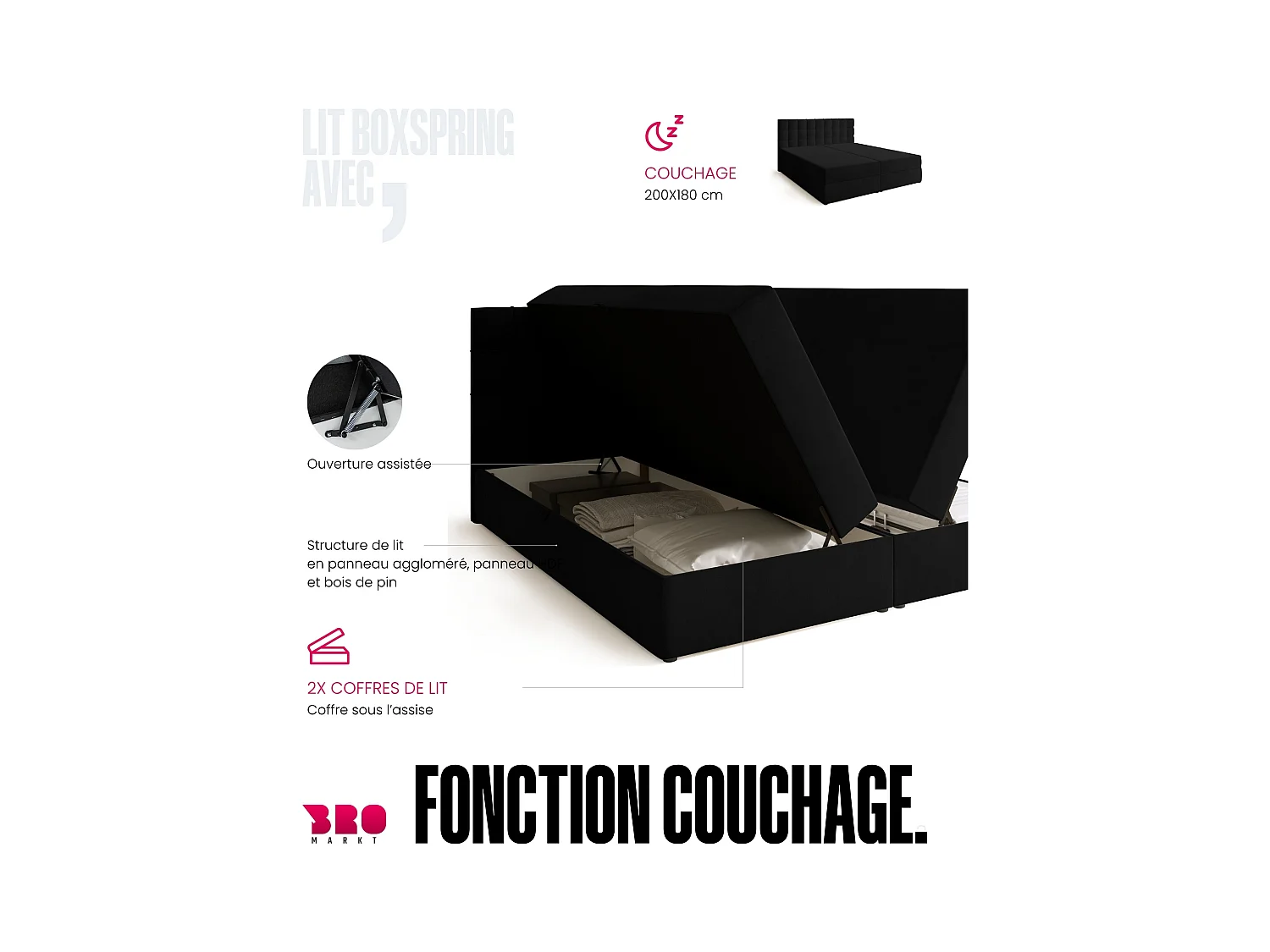 Boxspringbed met hoofdeinde, matras en dekmatras - DETROIT - 180x200 - zwart