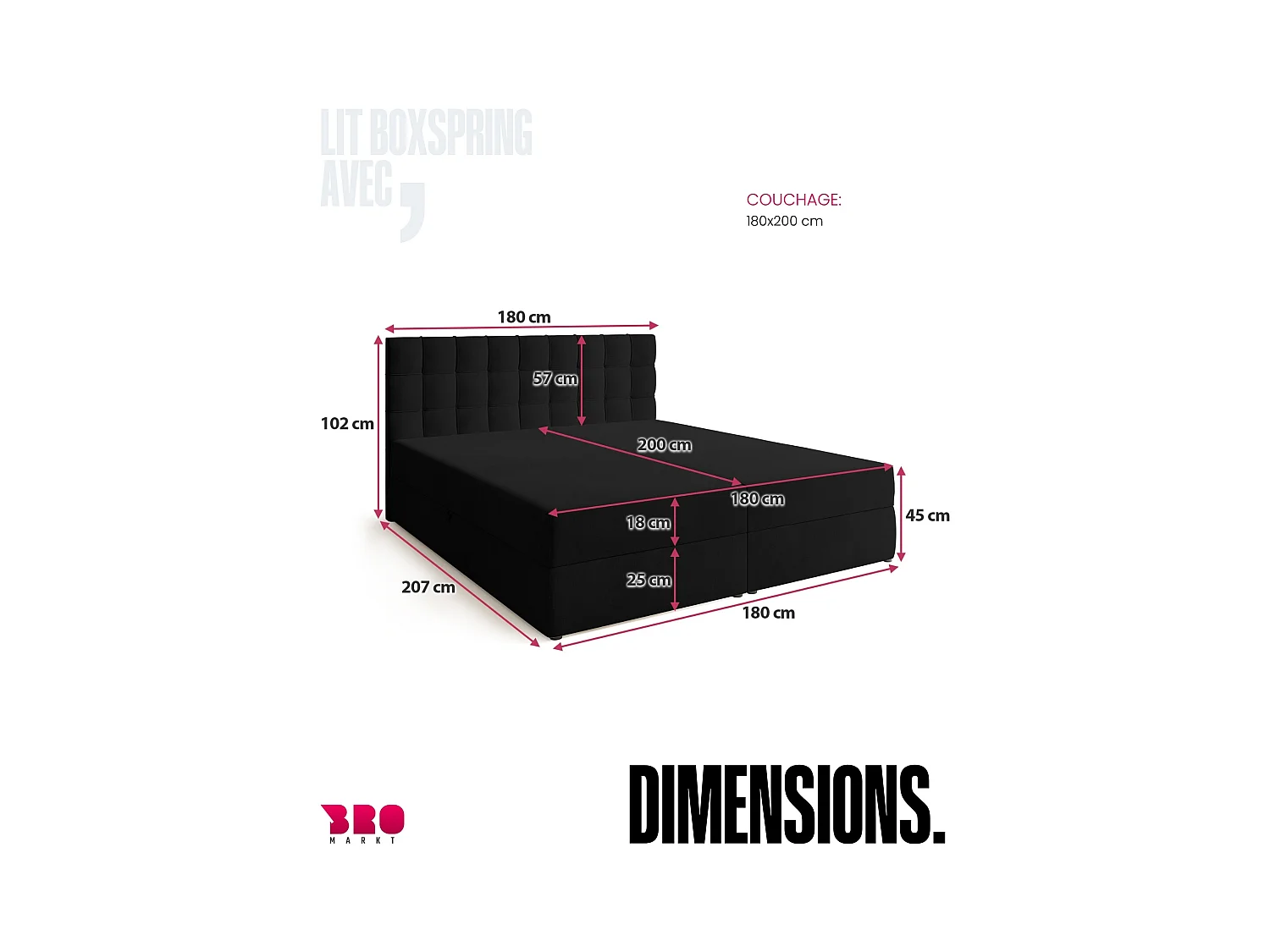 Boxspringbed met hoofdeinde, matras en dekmatras - DETROIT - 180x200 - zwart